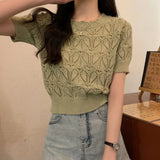 Fongt Temperament Hollow T-Shirt Girl Summer New Solid Color Short-Term Cash Waist Repair Slim Thin Short-Sleeved Top