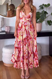 Fongt Women's V-Necked Dresses Dresses Printed Sleeveless Beach 100-Fold Fashion Sexy 8087