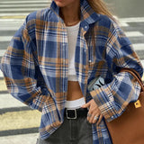 Fongt Women's Fall 2023 New Character Tattoo Long Sleeve Shirt Women's Casual Versatile Baggy Plaid Shirt-Outfit