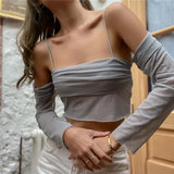 Fongt Spring 2023 Women's Fashion Sexy One-Line Collar Sling Perspective Mesh Long Sleeve