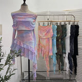 Sweet And Spicy Shoulder Dyed Printing Mesh Long-Sleeved Coat Folds Irregular Ribbon T-Shirt
