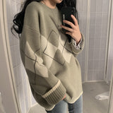 Argyle Sweaters Autumn Winter Pullovers Long Sleeve O-Neck Loose Knitted Korean Tops Casual Vintage Jumper Sueter