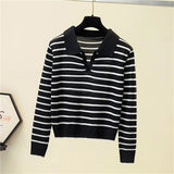 v-neck pullover polo sweater women's early autumn all-match tops long-sleeved knitted bottoming sweaters jumpers-Outfit