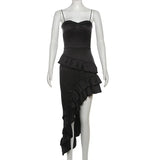 Black Asymmetrical Ruffled Midi Dress-Outfit