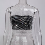 Fongt Nightclub Dresses Fishnet Hollow Out Rhinestone Vest Mesh Flash Diamond Sling Top