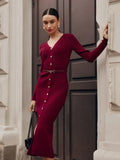 Fongt Long-Sleeved Knitted Dress Button-Button Fork 2024 Bag-Button Sweater Cardigan
