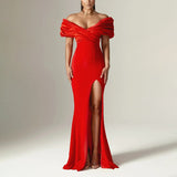 Sexy One-Word Shoulder Dress Woman 2025 Spring New Fashion Open Fork And Body