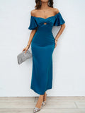 Fongt New Women's Temperament Solid Color Peach Heart Temperament Short-Sleeved Long Dress Dress Woman