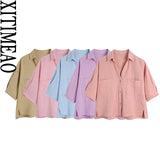 Women Fashion With Pockets Loose Cropped Blouses Vintage Short Sleeve Button-up Female Shirts Blusas Chic