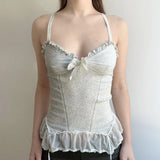 Fongt Desire Sexy Wind Wood Ear V Collar Sling Female Bow Chest Knit Mesh Splicing Vest-Outfit