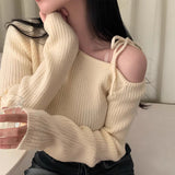 Skew Collar Sweater Off Shoulder Ropa Mujer Lace Up Bow Pullover Feminino Sexy Womens Clothing Korean Knitwears-Outfit