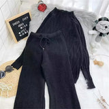 Winter Knitted 2 Piece sets Women's Thick Warm Casual Pullover Sweaters+Wide leg pants Tracksuits Korean