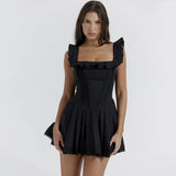 Black Square Neck Pleated Dress Mini Lovely Casual A Line Birthday Party Dresses Sexy Women Clothes-Outfit