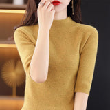 Fongt Summer Slim Head Five Minute Sleeve Bottom Top New Half High Collar Solid Color Simple Medium Sleeve Sweater Women-Outfit