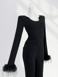 Fongt Thousand Years Royal Sister Wind Black Hot Jacket Early Spring U Collar Slim Thin Feathers Long Sleeve Bottom Shirt-Outfit