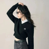 Cropped Sweater Women Solid V Neck Knitted Pullovers Vintage Preppy Slim Knitwears Korean Basic Black Grey Jumper Tops-Outfit