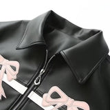 Black Bow Faux Leather Biker Jacket-Outfit