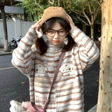 Kawaii Striped Sweaters Mujer Spring Stand Collar Dog Print Cardigans Y2k Grunge Long Sleeve Zipper Knitted Tops-Outfit