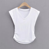 Trend Women's Vest Loose V-Collar Arc Hem Small Flying Sleeves Short Sleeves Solid Color Slim Pullover Pullover-Outfit