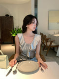 Fongt Xixi 13 Line Summer New Temperament V Tie With Small Shirt Sleeveless Leaves Side Top Woman 89330