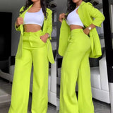 Fongt Women's Temperament Elegant Solid Color Open Slit Sleeve Lapel Suit Bag Straight Pants