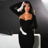 Solid Long Flared Two-piece Crop Sleeve Midi Dress-Outfit