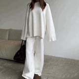 Fongt Women's Clothing 2025 Spring New Solid Color Round Neck Fashion Casual Broad Leg Trouser Sweater Set Women