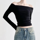 Style Basic Simple Solid Color T-Shirt With Bare Shoulder And Bottom 2023 New Temperament Age-Reducing