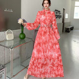 Fongt Light Luxury Temperament Dress Female High-End Feel Strapped Waist Three-Dimensional Flower Lantern Sleeve Print Dress