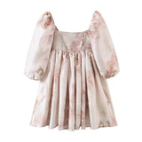 Princess Tie dye Floral Print Ball Gown Organza Dress Puff Sleeve Retro Women Ruched Pleated Waist Mini Party Fairy