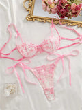 Ribbon Tie Up Embroidery Flower Half Cup Lingerie Set-Outfit