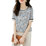 Fongt Shot Jacket Female Round Collar Short Sleeve 2023 Summer New Show Thin Print Simulation Silk Zou Temperament Half Sleeve T-Shirt-Outfit