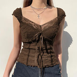 Fongt Retro Lace Stitching Bow Jacket New Spring 2023 Slim Slim Casual Solid Color Short-Sleeved Shirt-Outfit