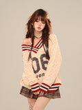 Brown V-neck Letter Print Oversize Sweater-Outfit