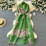 Fongt Dress Women's Fashion Collared Belt Long Pressured Folding Printing Jacket