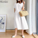Elegant Solid Vestido ZANZEA Fashion Short Sleeve Robe Casual Daily Cotton A Line Dresses 2021 Summer Midi