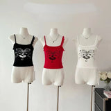 Summer Print Lace Strap Tank Top New Korean Chic Y2K Top Out Wear Slim Fit Spicy Girl Short Camisole Female Crop Tops-Outfit