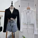 French Style With Short V-Neck Shirt Spring Sleeve Polo Collar Navel Navel Dress Top Female