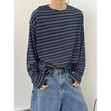 Fongt Men's Autumn New Lazy Ins Literature And Art Simple Loose Haired Round-Neck Striped Long-Sleeved T-Shirt Popular Temperament