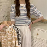 Fongt New Korean Version Of Simple Retro Slimy Loose T-Shirt Small Thin Striped Short-Sleeved Knitted Top