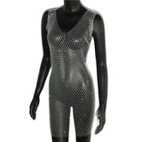 Sale Fishnet Bling Crystal Diamonds Dress Grid Sleeveless O Neck Sexy See Through Women Skinny Mini Dresses Night
