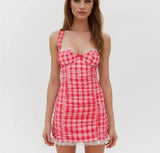 Red Plaid Plaid Dot Ruched Mini Dress-Outfit