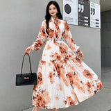 Fongt French Temperament Bow Mid-Long Retro Print Temperament Chiffon Dress Woman