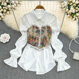 Tingfeng Exquisite Jacquard Strap Irregular Sling Vest Wearing Medium-Long Horn Sleeve White Shirt In Spring-Outfit