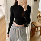 And Slim Long-Sleeved T-Shirt Women's Early Autumn New Style Solid Color Underneath T-Shirt Short Style Blouse-Outfit