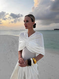 Fongt Spring And Summer New Hot Shawl Folding V-Neck Design High-Waisted Long Dress LX0146