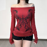 Fongt Personality Hottie Style Shoulder Dark Print T-Shirt Lace Side Long Sleeves To Dress Casual Blouse