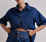 Fongt Summer Women's Casual Retro Loose Shirt Denim Shorts Set Denim