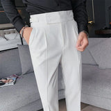 New Design Men High Waist Trousers Solid England Business Casual Suit Pants Belt Straight Slim Fit Bottoms White