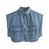 Fongt Color Women's Clothing 2025 Spring Solid Color Big Pocket Sleeveless Polo Collared Denim Shirt Blouse
